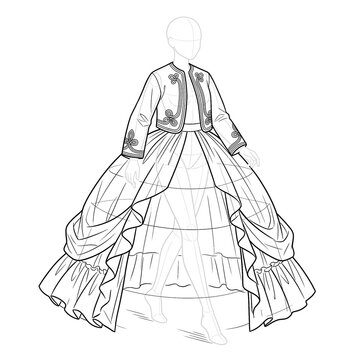 Action pose sketch of Zouave jacket crinoline dress. Ink illustration.