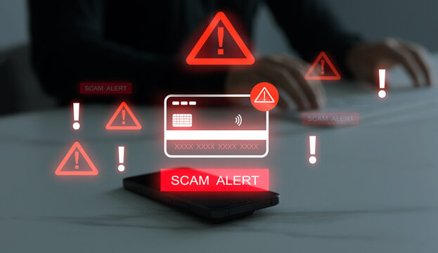 Financial scam concept showing bank card fraud,mobile phone phishing and online payment risk. Security alert, data protection and identity theft warning in digital banking.	
