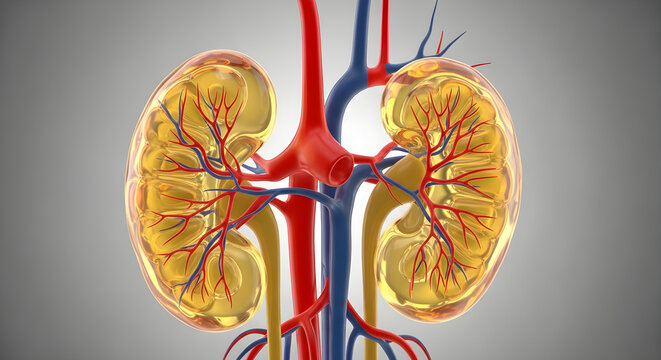 Anatomical human kidney pair illustration with blood vessels for medical study education.