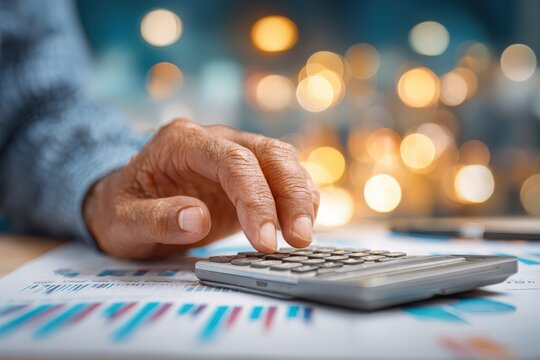 Close-up of a hand pressing buttons on a calculator while analyzing financial reports with colorful graphs and blurred lights in the background