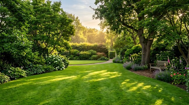 Lush Green Garden Landscape with Wooden Bench and Summer Flowers under Golden Sunlight for Nature Website Background
