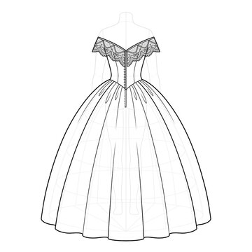 Back view sketch of bertha collar evening dress. Ink design.