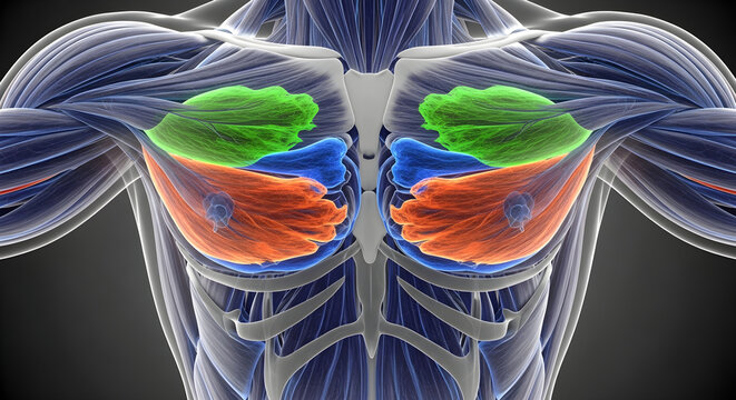 Anatomical model of chest muscles pectoralis major and minor detailed illustration.