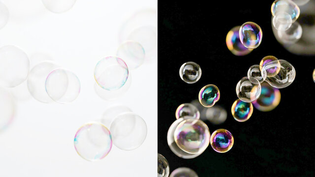 Dynamic split-screen composition featuring delicate, transparent bubbles floating on contrasting light and dark backgrounds, showcasing vibrant iridescence and ephemeral beauty