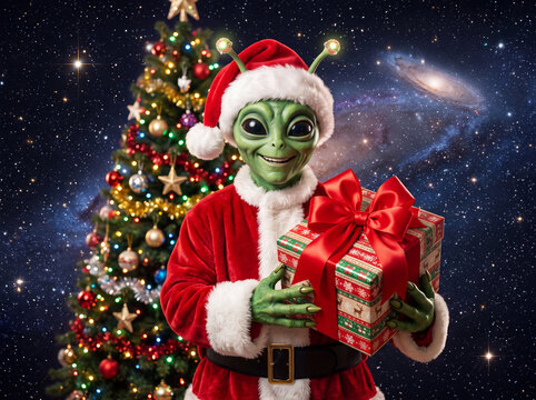 Alien Wearing Santa Hat in Space Illustration