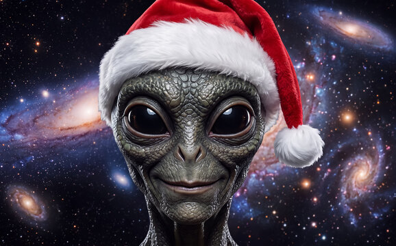 Alien Wearing Santa Hat in Space Illustration