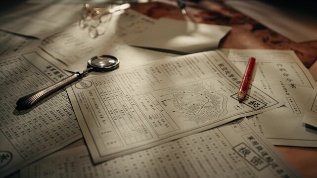 Magnifying glass over printed Japanese secret forms with red pencil