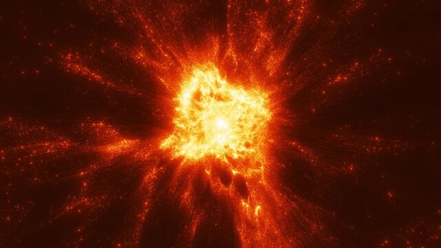 A vibrant cosmic explosion of glowing particles creates a stunning effect reminiscent of the birth of a new star or a powerful release of energy in the depths of the universe. Suitable for science, fa
