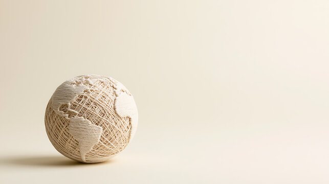 Textile globe miniature representing continents made from yarn, resting on a clean, light beige surface with soft shadows and copy space