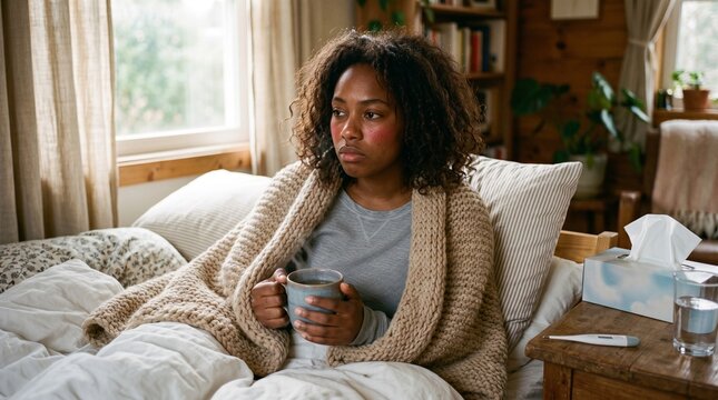 Young woman feeling unwell resting in bed while holding a warm mug of soothing tea