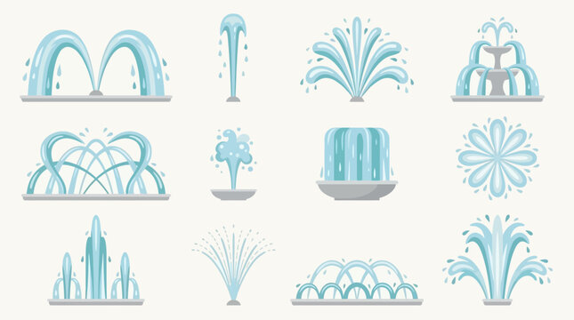 Collection of various fountain water spray designs flowing with dynamic movement isolated on a plain light background for graphic design projects.