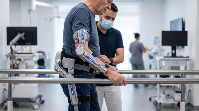 Physical therapist assisting senior patient with robotic exoskeleton for gait rehabilitation in a modern medical clinic
