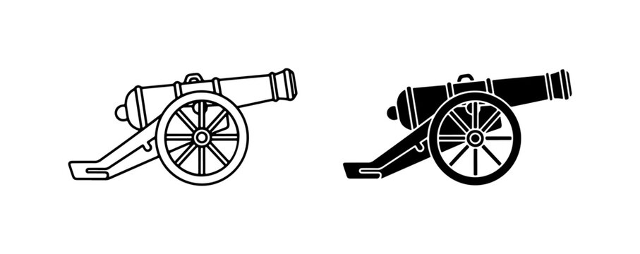 Vintage Cannon Vector Icons, Historical Artillery Weapon Silhouettes, Military Siege Gun Graphics
