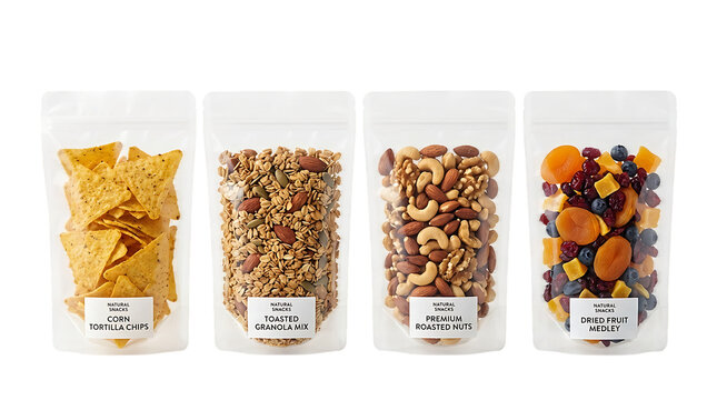 Assorted snack packs in silver pouches displayed on a dark background for healthy eating