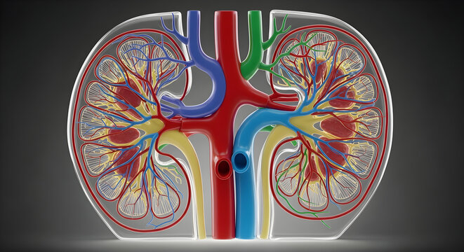 Detailed anatomy of human kidney system showing vessels and internal structure in display.