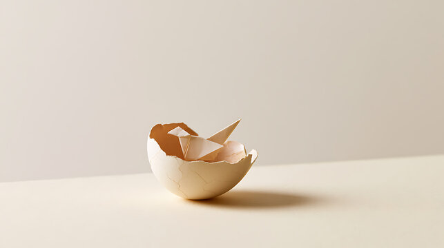 Minimalist composition with an open eggshell holding small, delicate paper boats on a neutral background, evoking a sense of fragility and new beginnings