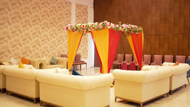 Indian wedding stage setup with floral mandap and luxury seating in Delhi NCR India