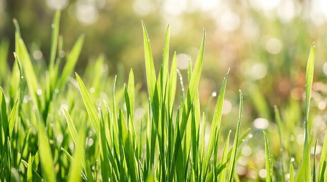 Fresh Green Grass with Morning Dew Drops Close Up Macro Photography Sunlight Bokeh Background Nature Website Banner