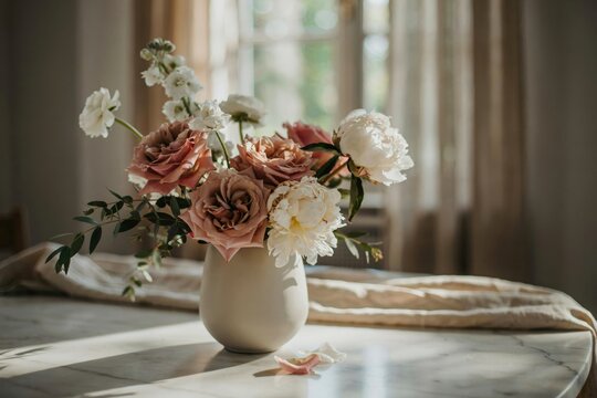 A floral arrangement of pink and white roses in a ceramic vase placed on a marble table with soft sunlight streaming through a nearby window curtain