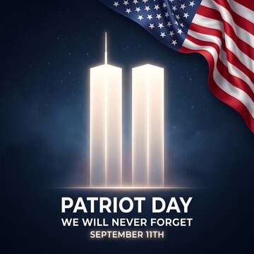Patriot day memorial tribute with twin towers light beams and american flag background