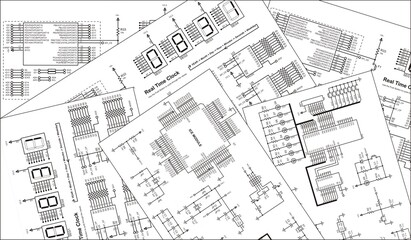 Fototapeta premium Electrical schematic diagram background. Radio engineering drawings on white paper sheets. Scheme of digital electronic device. Set of technic computer cad designs.