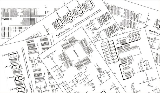 Electrical schematic diagram background.
Radio engineering drawings on white paper sheets.
Scheme of digital electronic device. Set
of technic computer cad designs.
