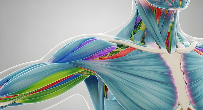 Highly detailed 3d render of human upper body muscular system with bones and veins.