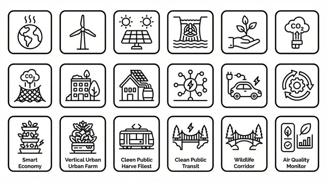 Set of environmental sustainability and green energy line icons