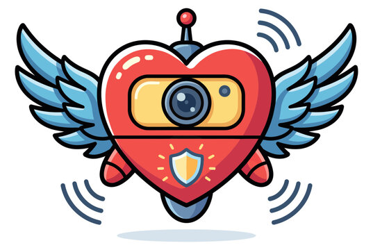 Cute heart shaped flying robot drone with camera and security shield