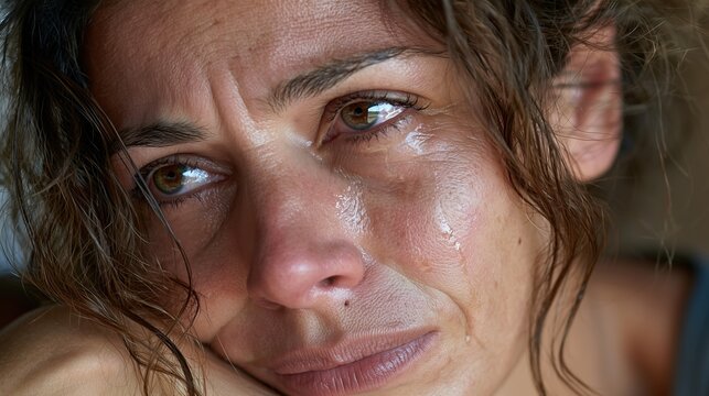 Femme aux yeux verts versant des larmes, visage mouill&eacute; et cheveux humides