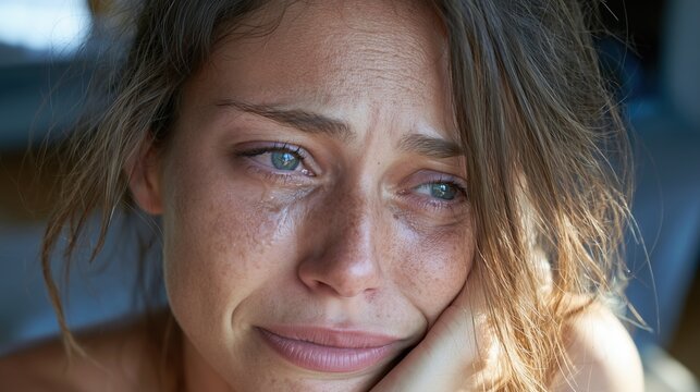 Femme aux yeux verts versant des larmes avec un l&eacute;ger sourire &eacute;mouvant