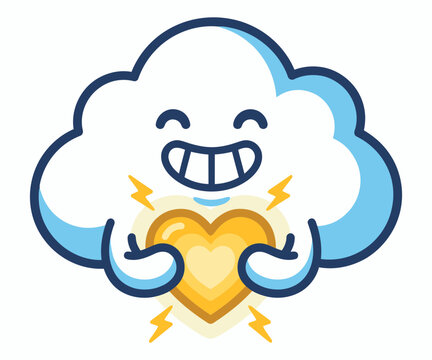 Cute cartoon cloud character holding a glowing yellow heart with lightning