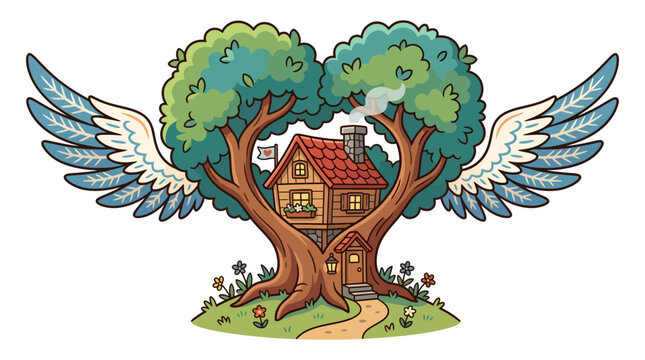Whimsical tree house with wings nestled inside a heart shaped tree