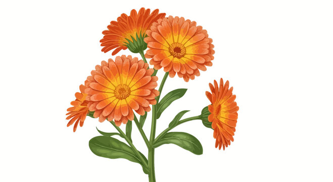Botanical Illustration of Orange Calendula Flowers on White