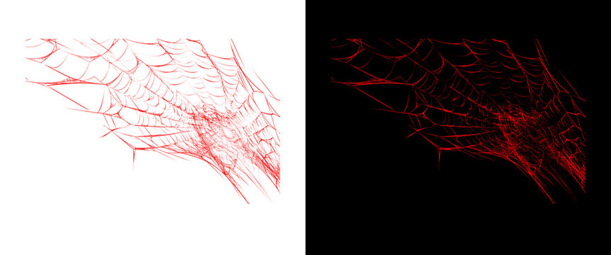 Spooky red spiderweb graphic on white and black backgrounds, creepy spider web texture for Halloween designs, gothic horror background element