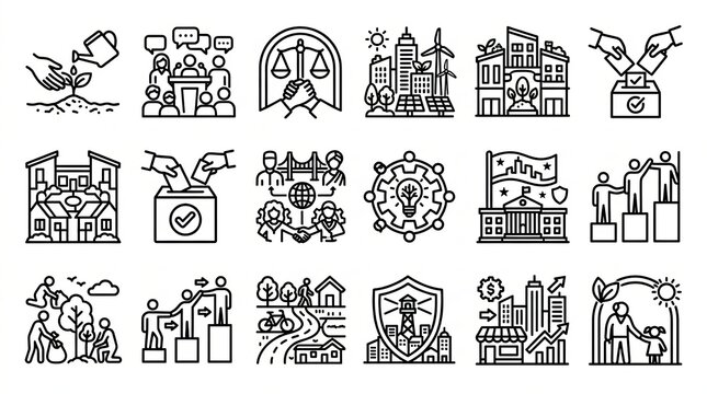 Set of social and community service outline icons for government and society