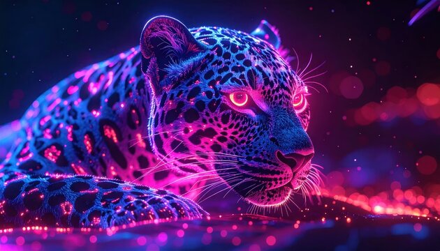 Neon leopard with glowing purple and blue spots.