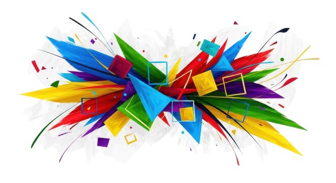 Dynamic geometric abstract composition with sharp triangles squares and colorful lines exploding from center on white canvas.