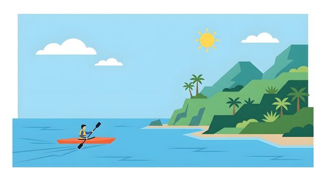 Tourist kayaking across calm blue ocean waters near a lush tropical island with mountains, palm trees, and a sunny sky.