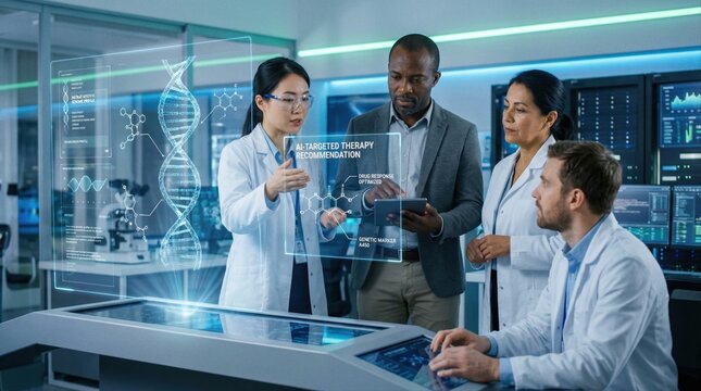 Diverse team of medical scientists analyzing DNA hologram with AI targeted therapy data. Futuristic healthcare research