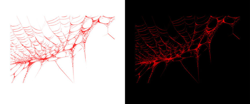 Spooky red spiderweb on white and black backgrounds, creepy halloween spider web design elements, gothic horror background textures