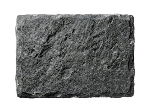 A single rough, rectangular piece of dark grey volcanic basalt rock isolated against a clean white background studio shot