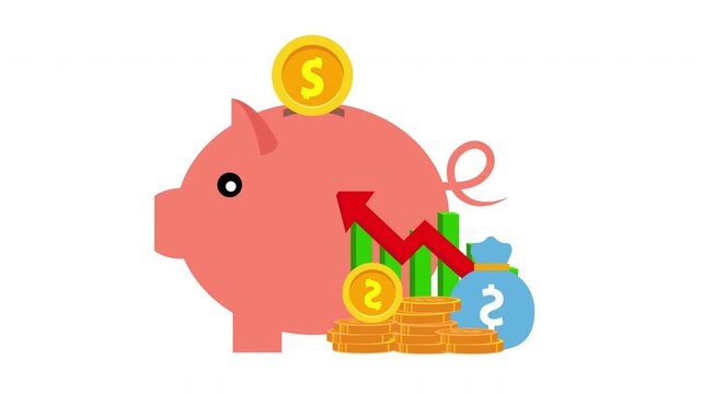 Personal Finance Savings Illustration with Piggy Bank, Falling Market Arrow, Coins and Money Bag for Financial Loss