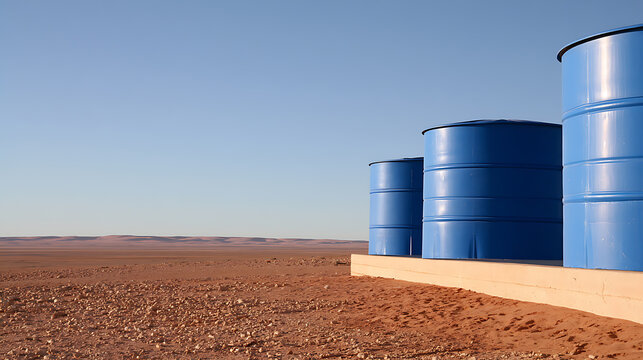 Blue industrial storage containers stand firm on a concrete base amidst a vast, arid desert landscape under a clear, open sky during the day