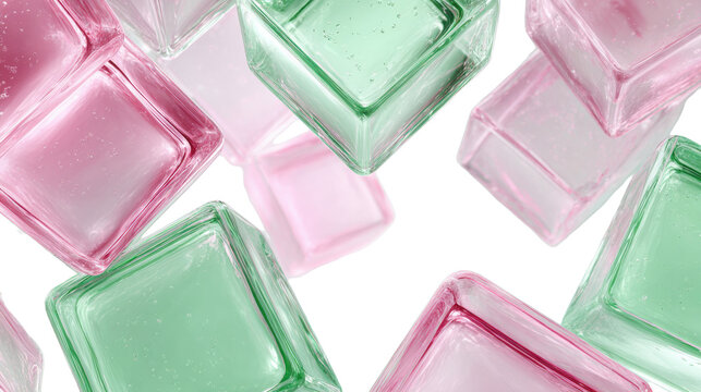 Floating translucent pink and mint glass cubes with soft reflections abstract 3D background