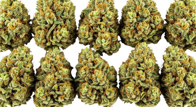 Grid of ten premium dried cannabis flower buds with orange hairs and crystalline trichomes against white studio background.