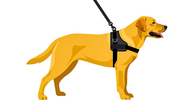 Yellow dog wearing black harness and leash isolated on white background
