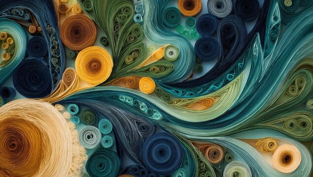 Abstract paper quilling art featuring swirling patterns in vibrant colors of blue, green, yellow, and orange, creating a dynamic and intricate design on a textured background