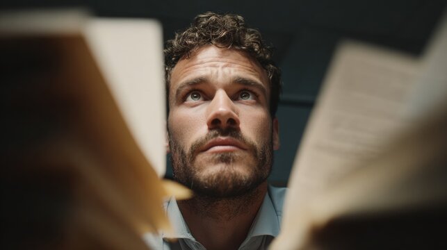 Man looking up with curious expression while reading book. Thoughtful student studying literature in dark room. Intellectual person gaining knowledge and education through reading.