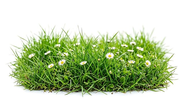 Green Grass Patch with Daisy Flowers Isolated on White Background for Web Design Graphic Presentation Elements Nature